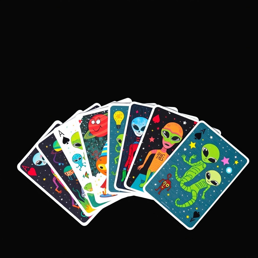 A deck of alien-themed playing cards, each card featuring vibrant and imaginative extraterrestrial designs including various alien species, cosmic landscapes, and otherworldly symbols