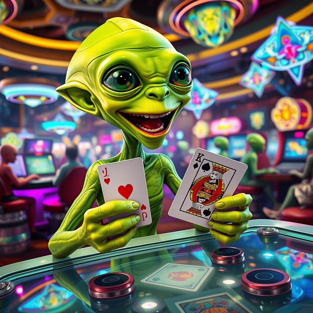 A vibrant and imaginative scene of an alien being joyfully playing cards