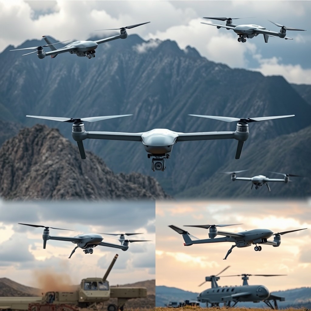A collection of military drones in diverse environments showcasing their high-tech features