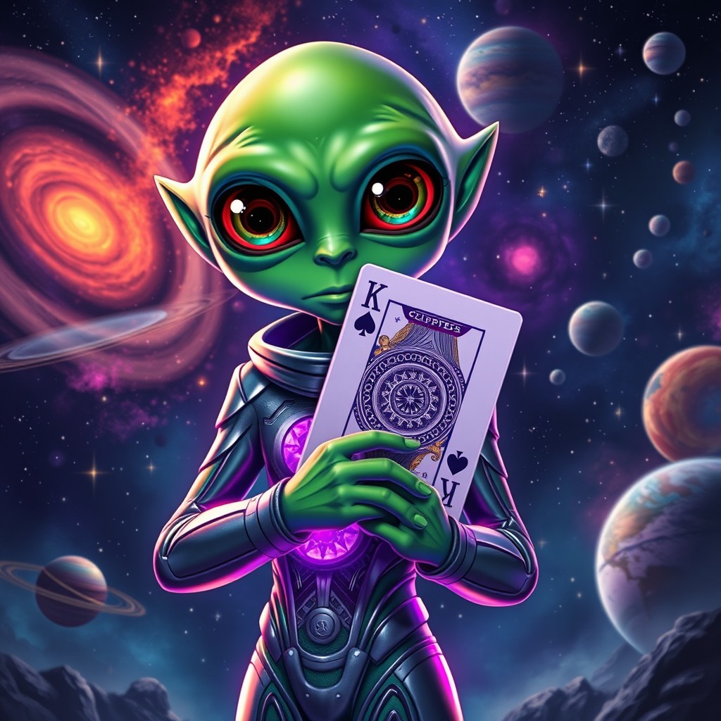 A futuristic alien character with vibrant green skin and large, expressive eyes, standing in a cosmic setting filled with stars and nebulae
