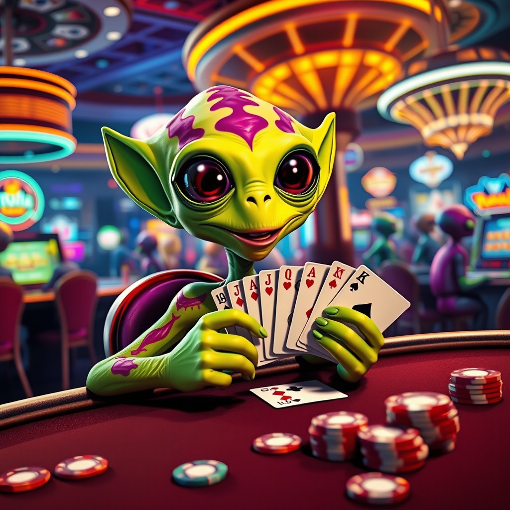 A vibrant scene depicting a colorful alien sitting at a poker table, holding a hand of poker cards with a playful expression
