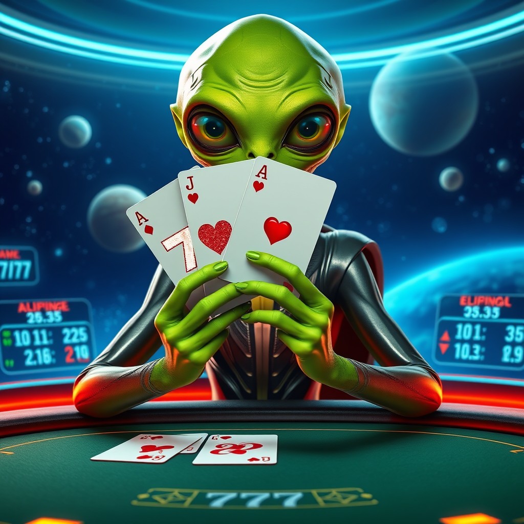 An alien sitting at a futuristic poker table, holding a pair of glittering poker cards featuring the number '777' with a heart symbol