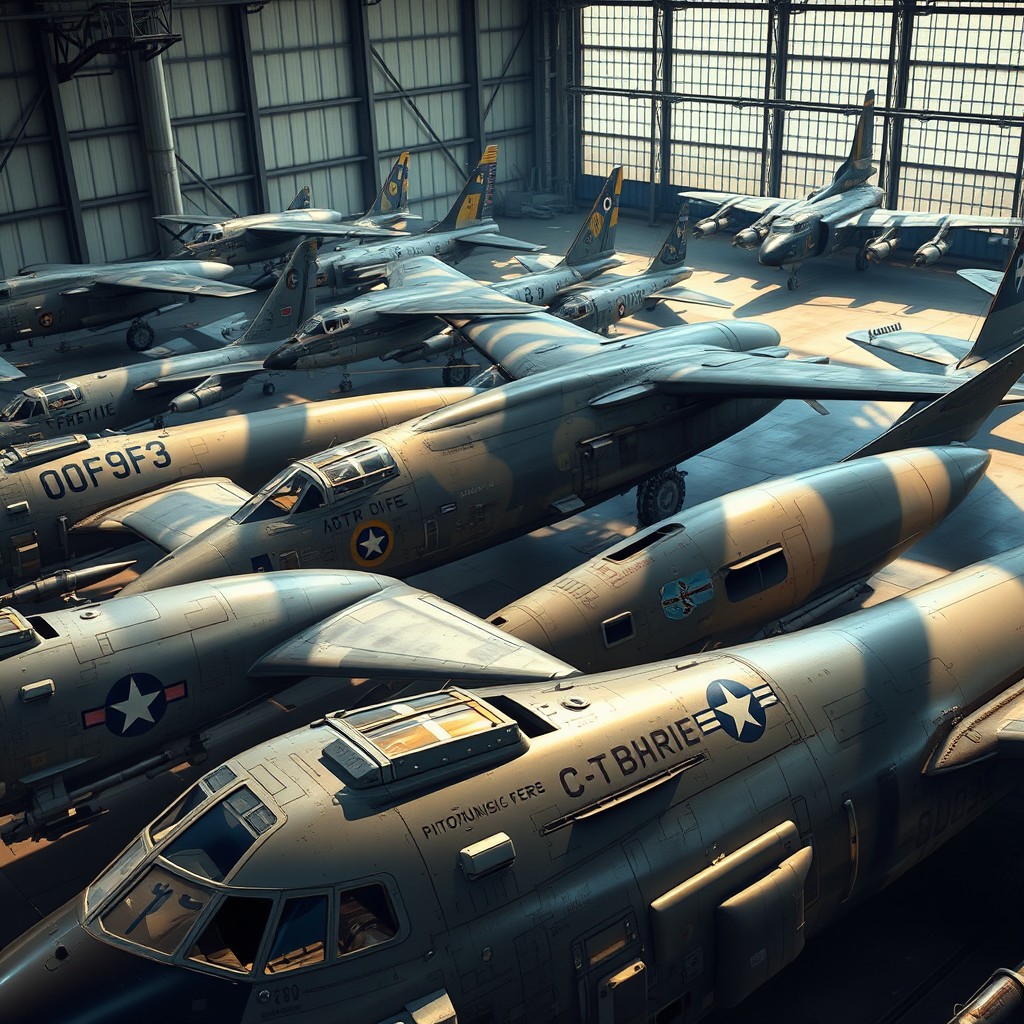 A detailed and dynamic portrayal of military aircraft fuselages, showcasing various types such as fighter jets, bombers, and transport planes, displayed in an impressive hangar or airfield setting