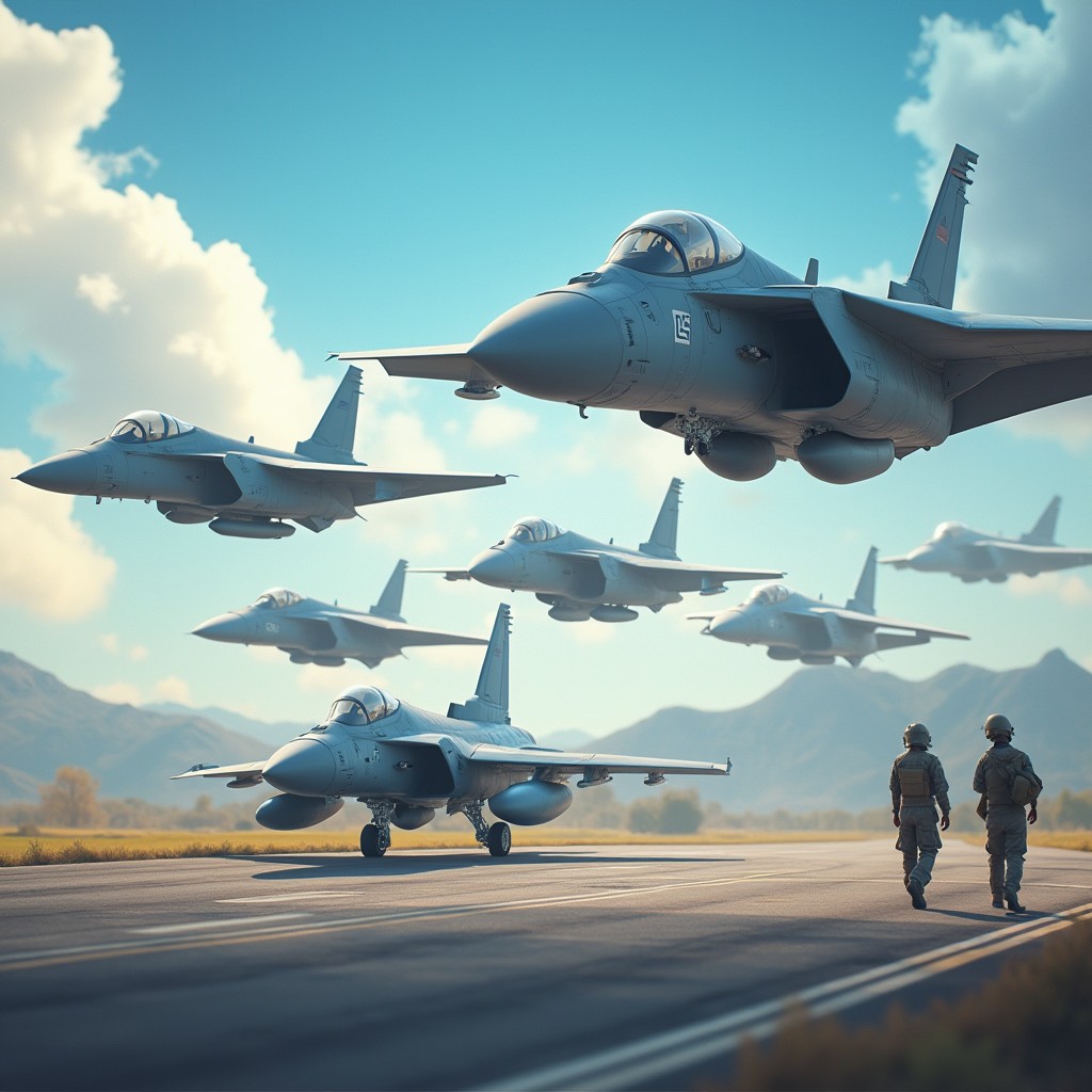 A dynamic and exciting video showcasing military aircraft fuselages in an outdoor aviation environment