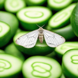 A moth with a comedic expression peacefully resting on a pile of fresh, green cucumbers