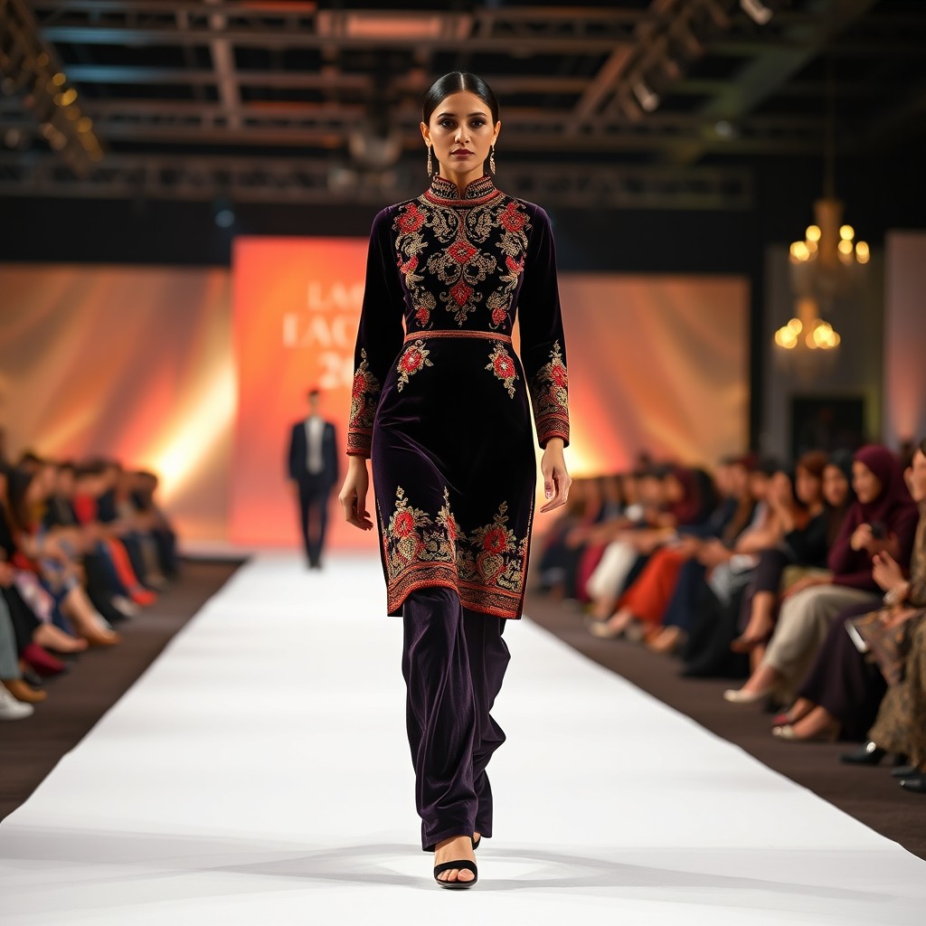 An Afghan model walking down a fashion show runway, wearing a beautiful knee-length cocktail dress made of luxurious velvet fabric, featuring exquisite cherma dozi embroidery