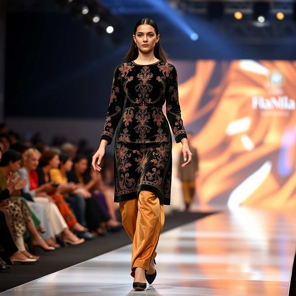 An Afghan model walking gracefully in a fashion show, wearing a knee-length velvet dress made with cherma dozi, paired with traditional Afghan trousers