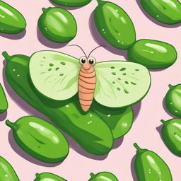 A moth with a comedic expression peacefully resting on a pile of fresh, green cucumbers