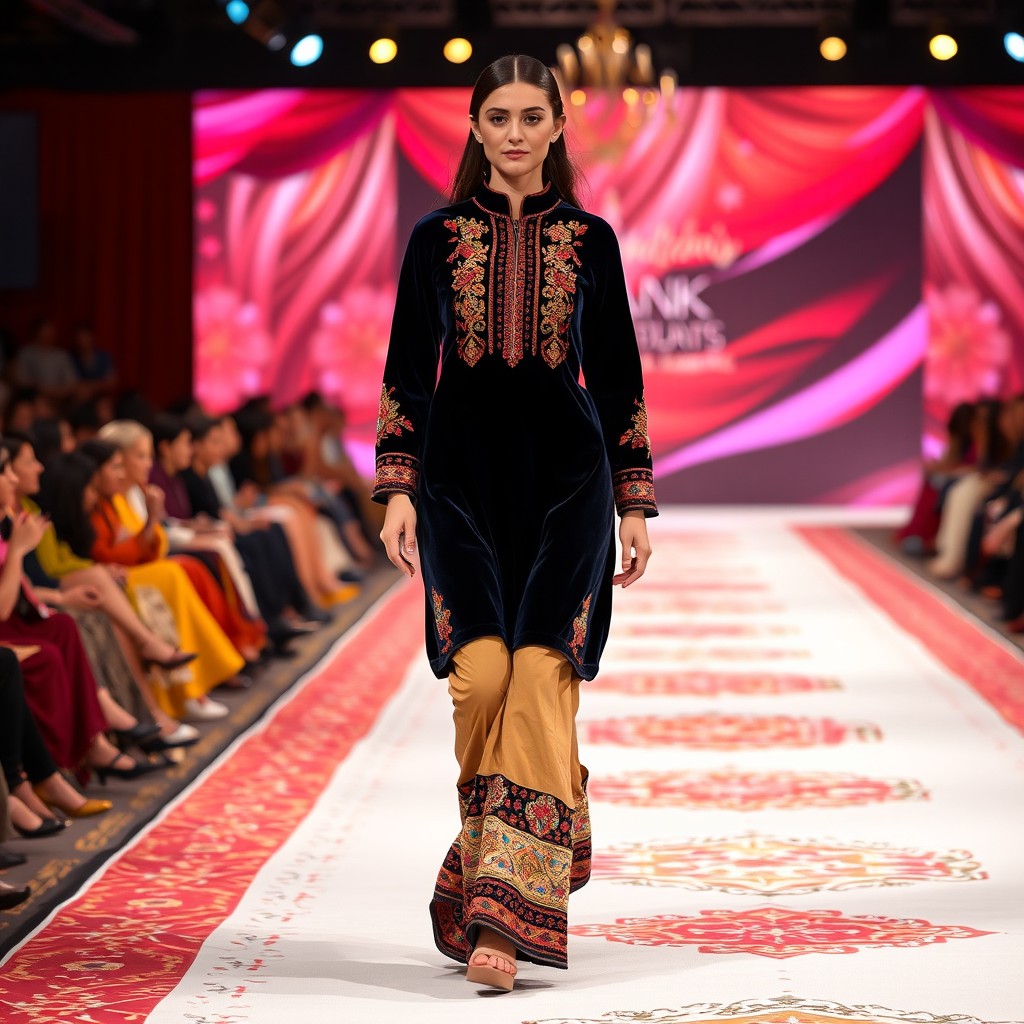 An Afghan model confidently walking down a fashion show runway, wearing a knee-length velvet dress crafted with intricate Cherma Dozi embroidery