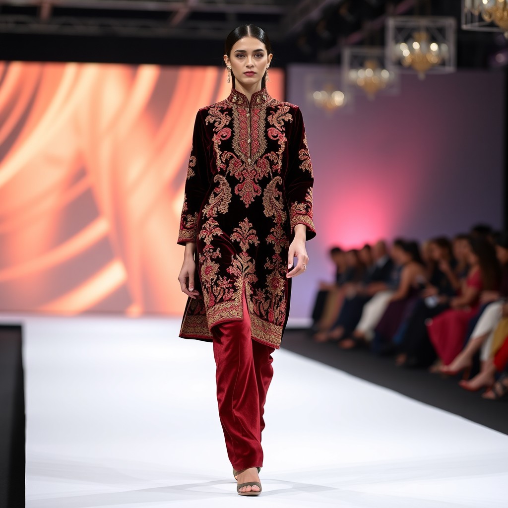 An Afghan model walking down a fashion show runway, showcasing a stunning Afghan traditional outfit