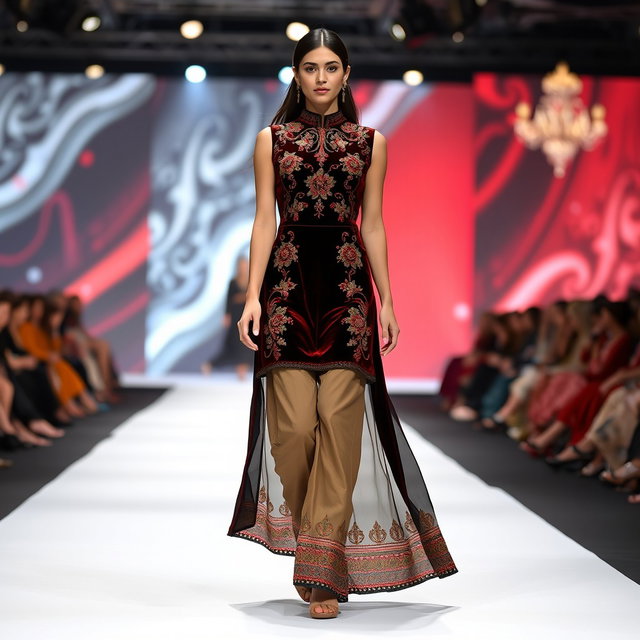 An Afghan model gracefully walking on a fashion runway, showcasing a knee-length cocktail dress made of luxurious velvet, adorned with intricate cherma dozi embroidery