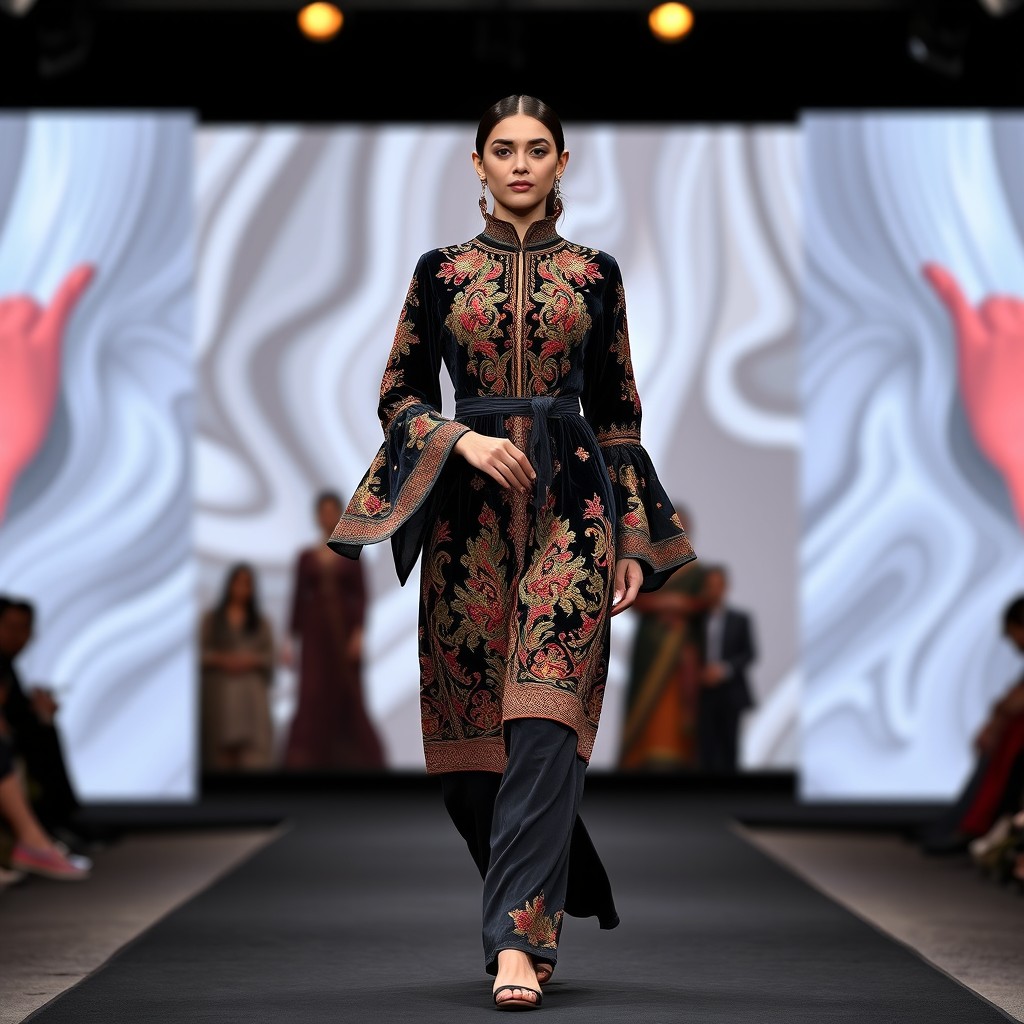 An Afghan model walking down a fashion show runway wearing a beautiful knee-length Afghan dress made of luxurious velvet and intricately designed with cherma dozi embroidery