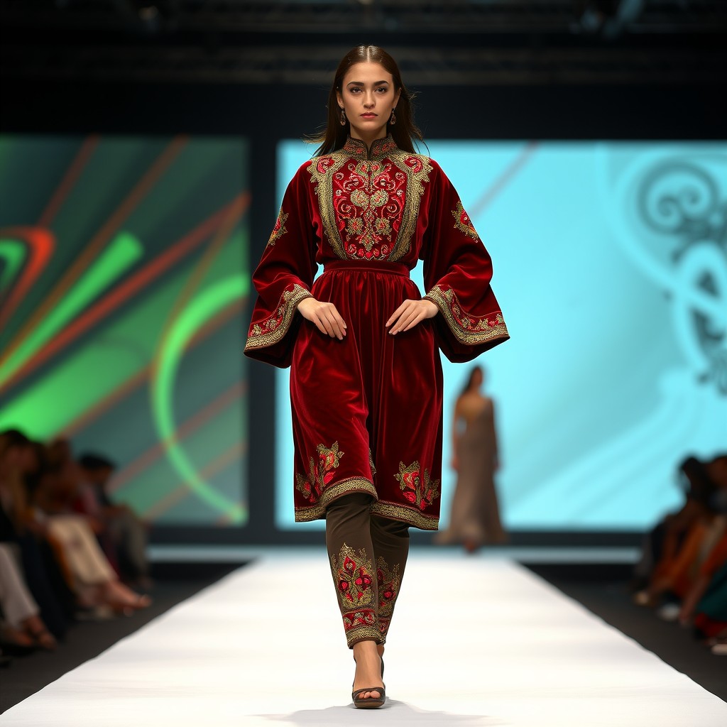 An Afghan model walking down a fashion show runway, wearing a stunning knee-length dress made from luxurious velvet, adorned with intricate cherma dozi embroidery