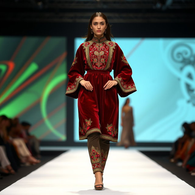 An Afghan model walking down a fashion show runway, wearing a stunning knee-length dress made from luxurious velvet, adorned with intricate cherma dozi embroidery