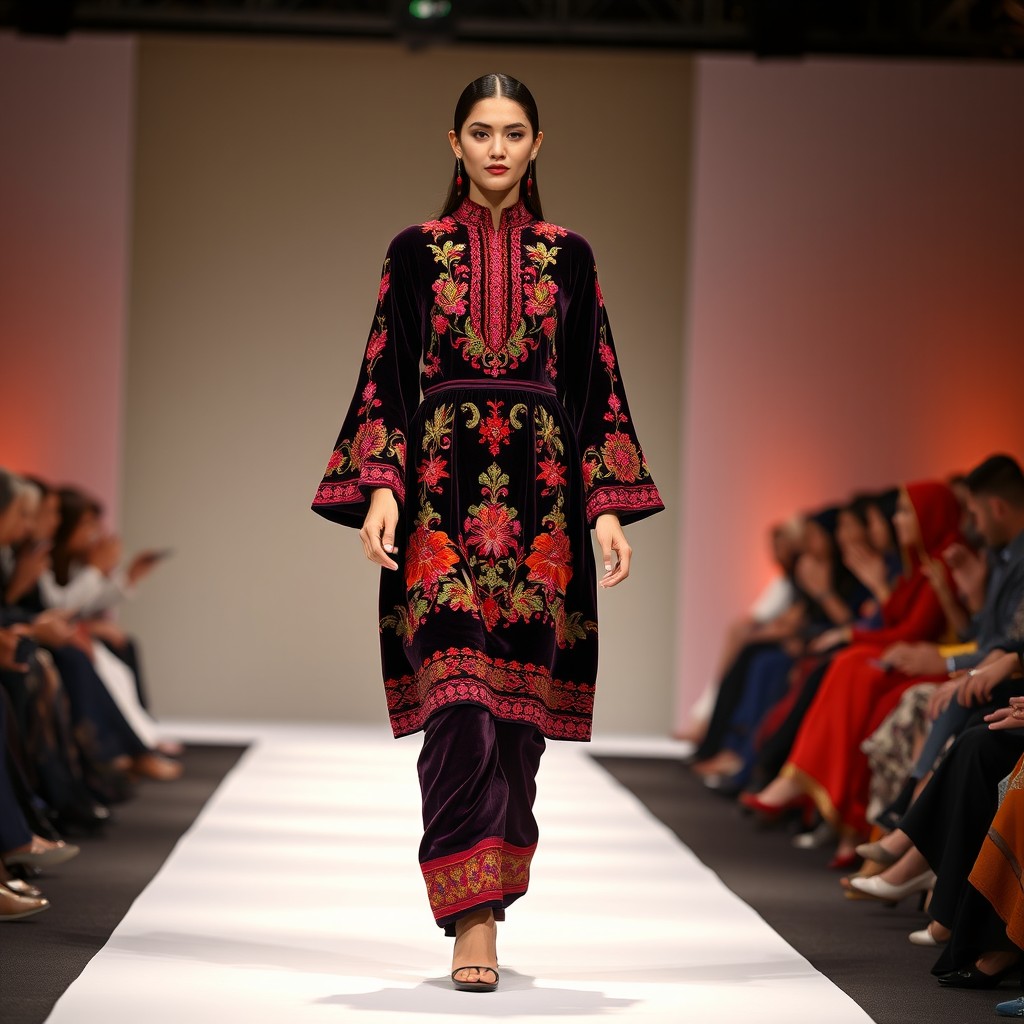 An Afghan model gracefully walking down a fashion show runway, wearing a beautiful knee-length dress crafted from luxurious velvet, featuring exquisite cherma dozi embroidery