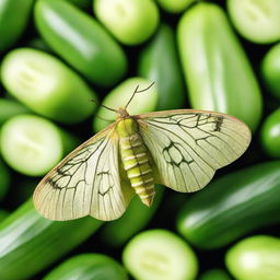 A moth with a comedic expression peacefully resting on a pile of fresh, green cucumbers