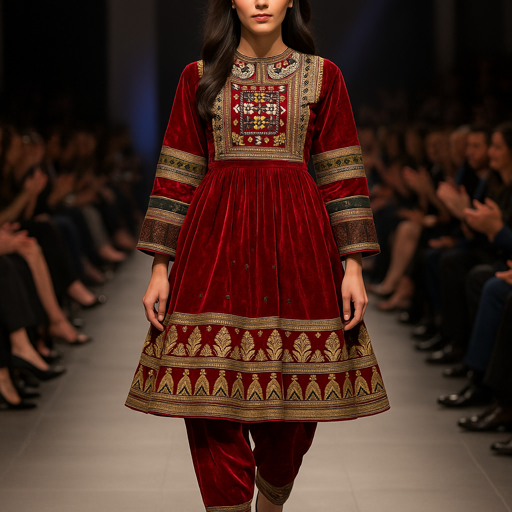 Graag dit afbeelding een voorbeeld nemen. Voor cherma dozi.Graag afghaanse model met dafghaanse jurk laten lopen in mode show. De lengte van jurk tot haar knieen. De jurk moet met cherma dozi gemaakt zijn. Graag een afghaanse broek aan. De jurk mag van velvet zijn. De hals hoog maken geen blote jurk maken. De jurk moet cotail zijn en een volle jurk met taille erin. De mouwen lang maken en grood in breedte.
