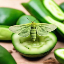 A moth with a comedic expression peacefully resting on a pile of fresh, green cucumbers