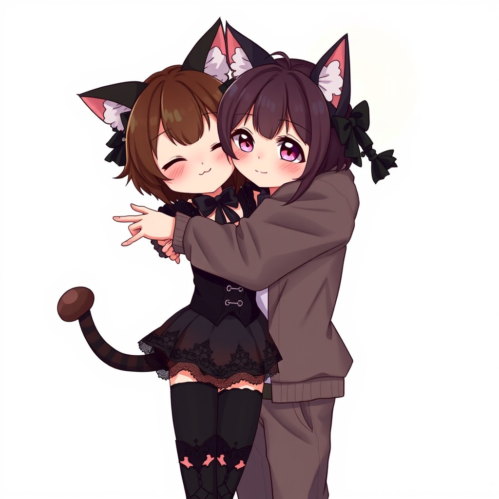 A cute brunette cat girl, standing at 5 feet 1 inch, in a stylish goth outfit with dark colors, lace, and edgy accessories