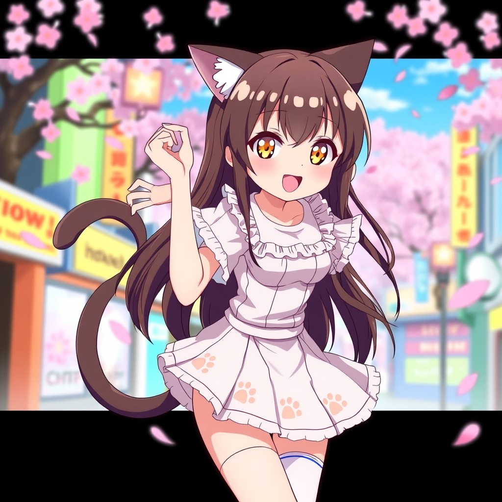 A stylish and playful anime cat girl character with long brunette hair, wearing an adorable outfit that includes a fitted short-sleeved top with frills, a puffy skirt with paw prints, and knee-high socks