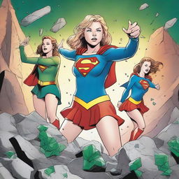 A heroic teenage girl standing proud in a victory pose over a defeated Supergirl, collapsed on a dark, kryptonite-infused rock surface. Three other teenage girls stand behind, laughing and holding kryptonite shards, amidst this tense scene.