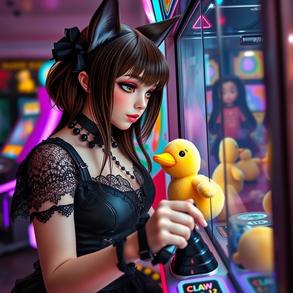A brunette cat girl in a stylish goth outfit, complete with dark lace and leather accents, is focused on playing a claw machine in an arcade