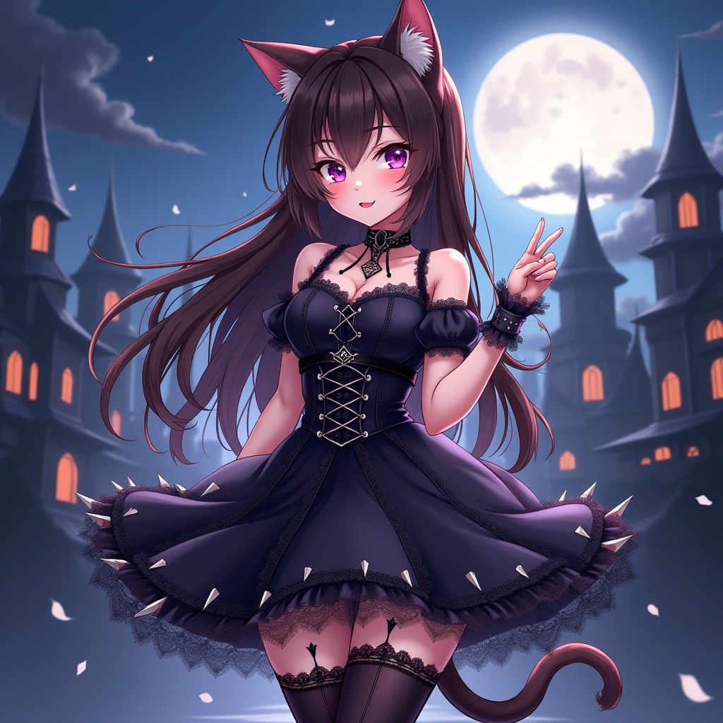 A brunette cat girl in a gothic outfit, showcasing a unique blend of anime style