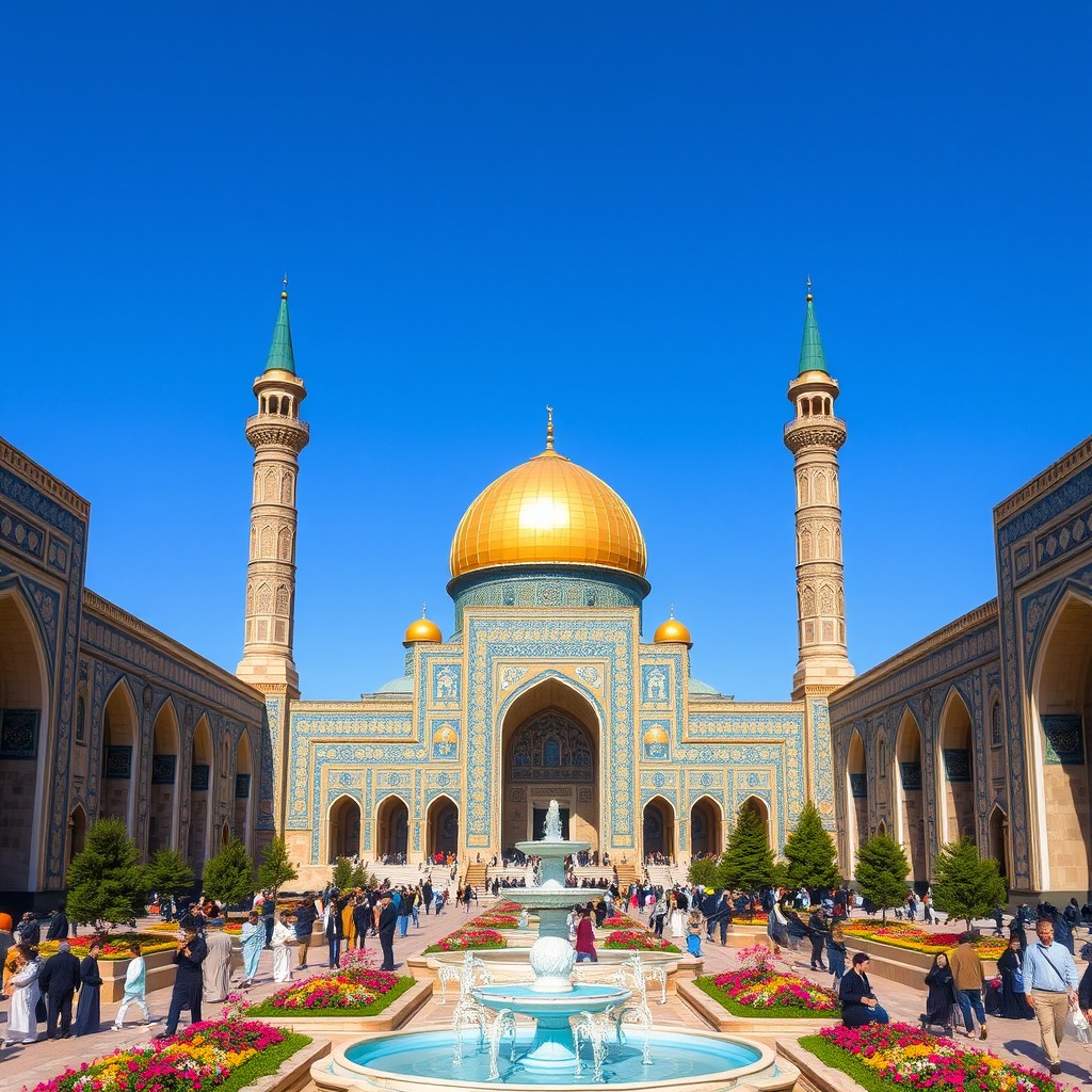 A beautiful view of Imam Reza Shrine in Mashhad, showcasing the stunning architecture and golden dome reflecting under a clear blue sky, with intricate tile work and vibrant colors