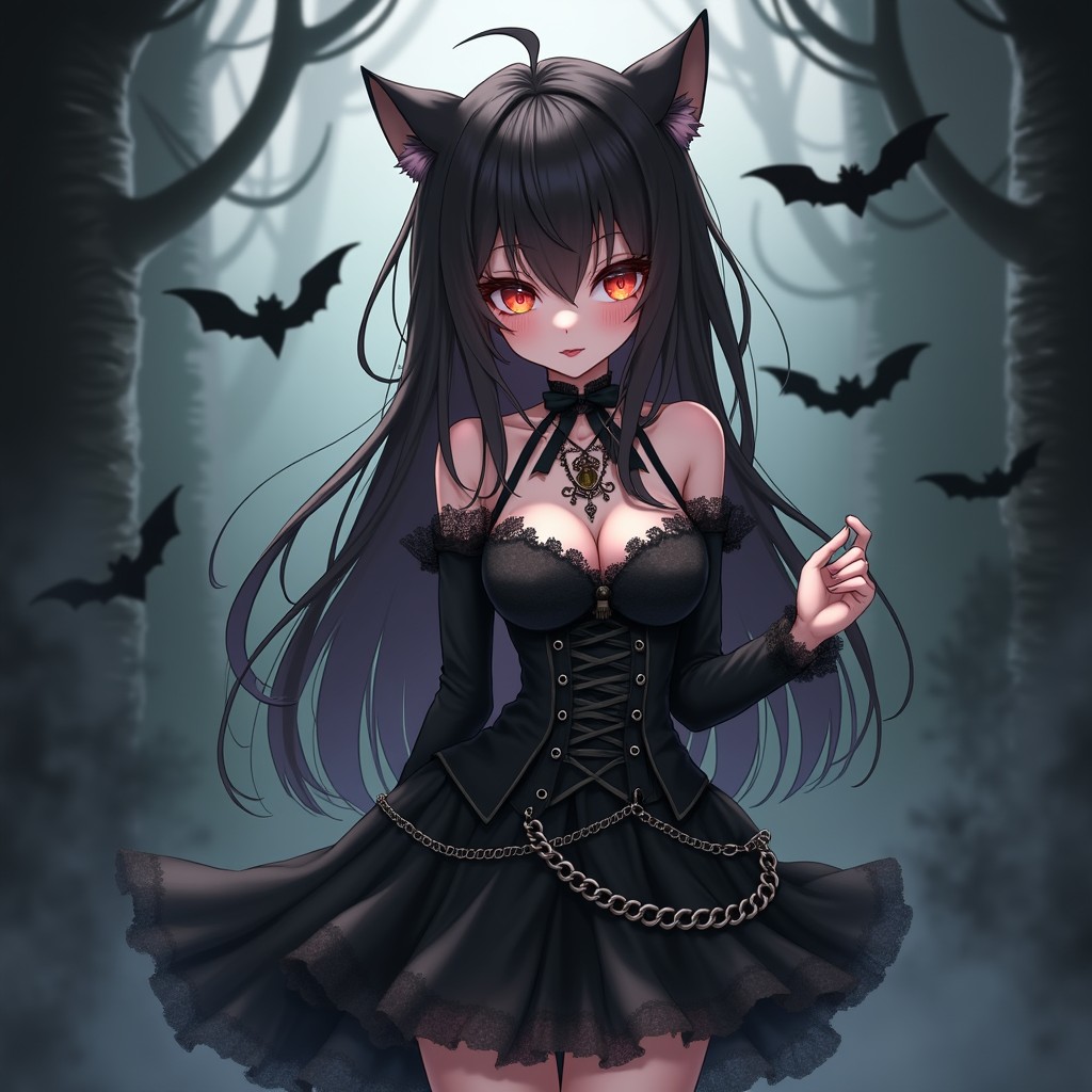 A stylish anime-inspired brunette cat girl dressed in a striking goth outfit