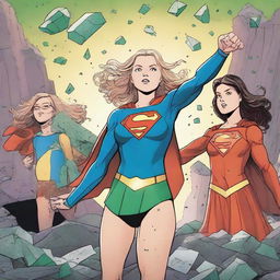 A heroic teenage girl standing proud in a victory pose over a defeated Supergirl, collapsed on a dark, kryptonite-infused rock surface. Three other teenage girls stand behind, laughing and holding kryptonite shards, amidst this tense scene.