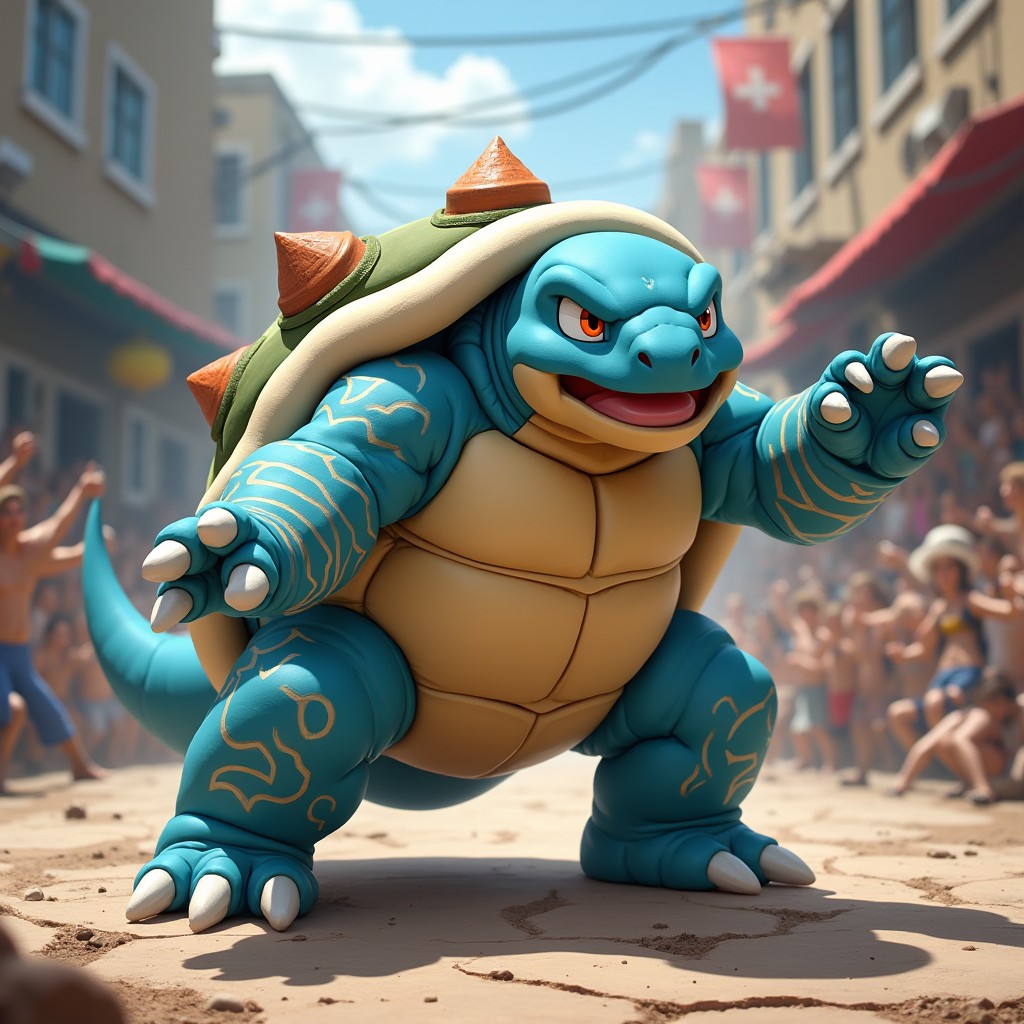 A powerful and dynamic Blastoise reimagined as a Fighting-type Pokémon, showcasing muscular features and a more aggressive stance