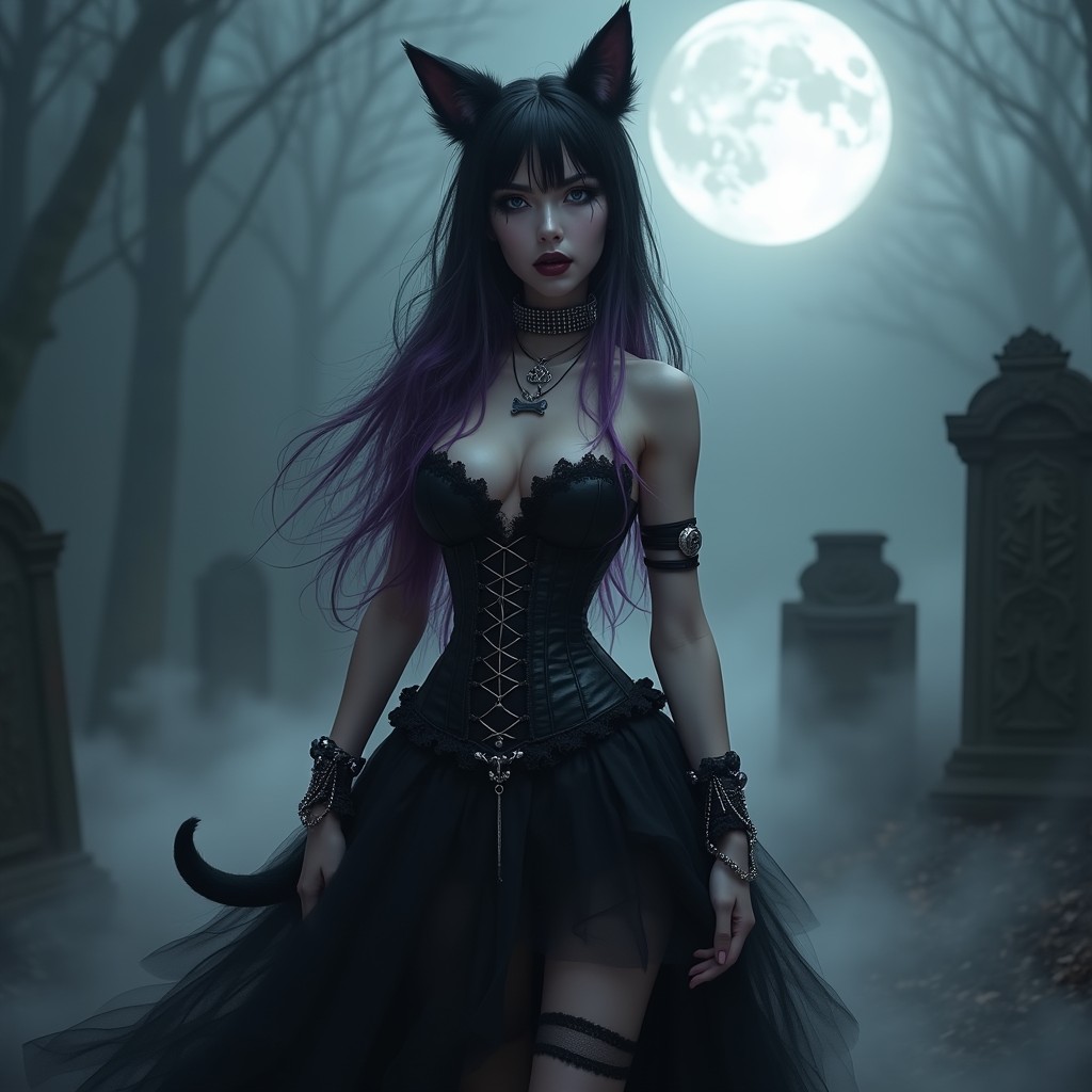 A stunning female character with dog ears and a tail, dressed in a gothic outfit