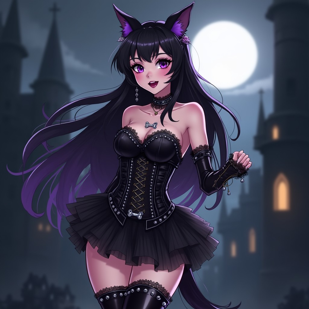 An anime-inspired character design of a dog girl wearing a goth outfit