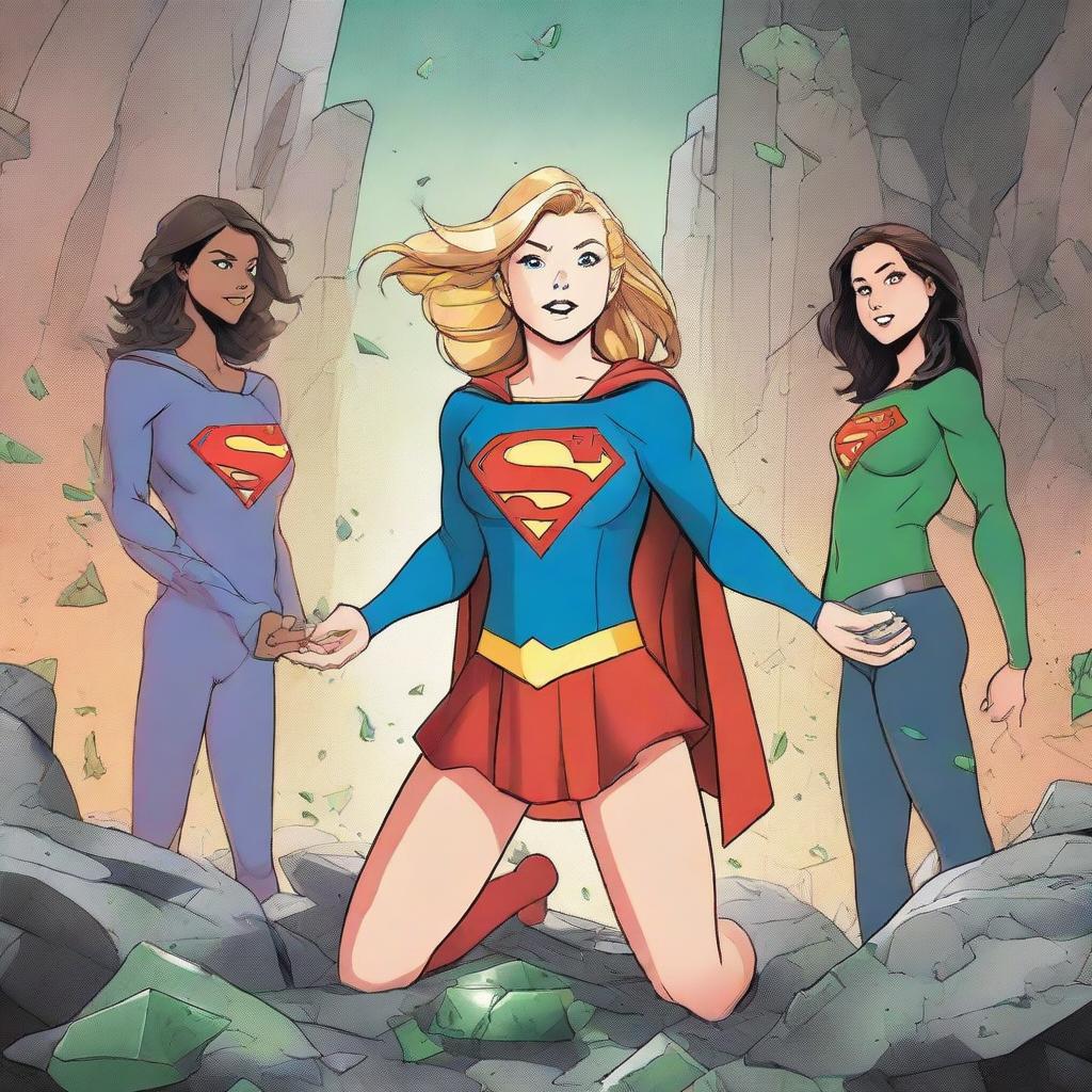 A heroic teenage girl standing proud in a victory pose over a defeated Supergirl, collapsed on a dark, kryptonite-infused rock surface. Three other teenage girls stand behind, laughing and holding kryptonite shards, amidst this tense scene.