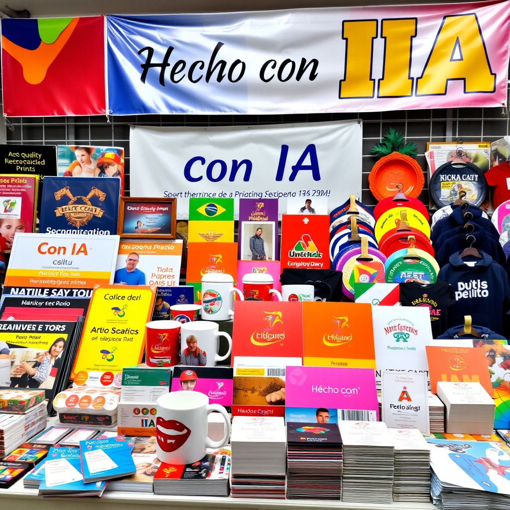 An array of various printing services displayed vibrantly, featuring colorful signboards, personalized mugs, embroidery designs, and high-quality sublimation prints