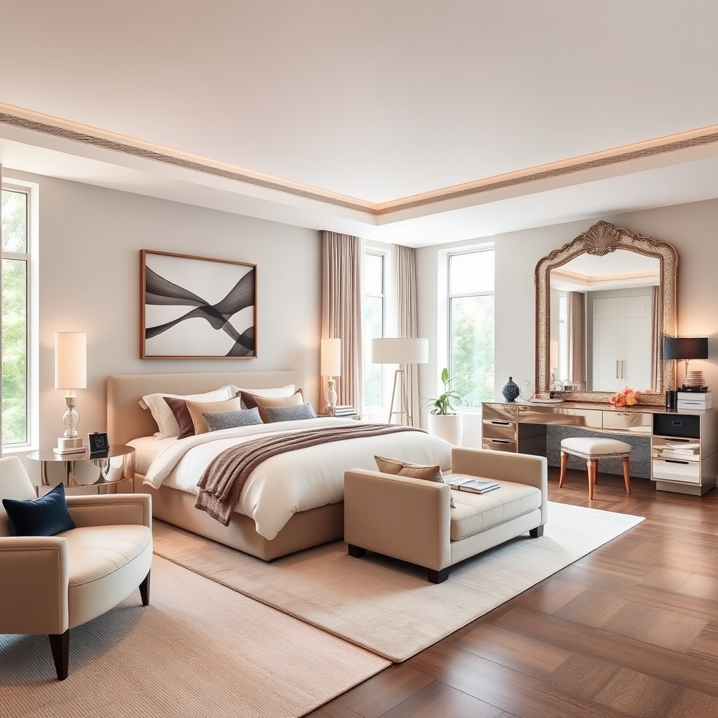 A modern and stylish interior design of a spacious bedroom featuring a luxurious king-size bed with plush bedding, elegant wall art, and a cozy reading nook with a comfortable armchair