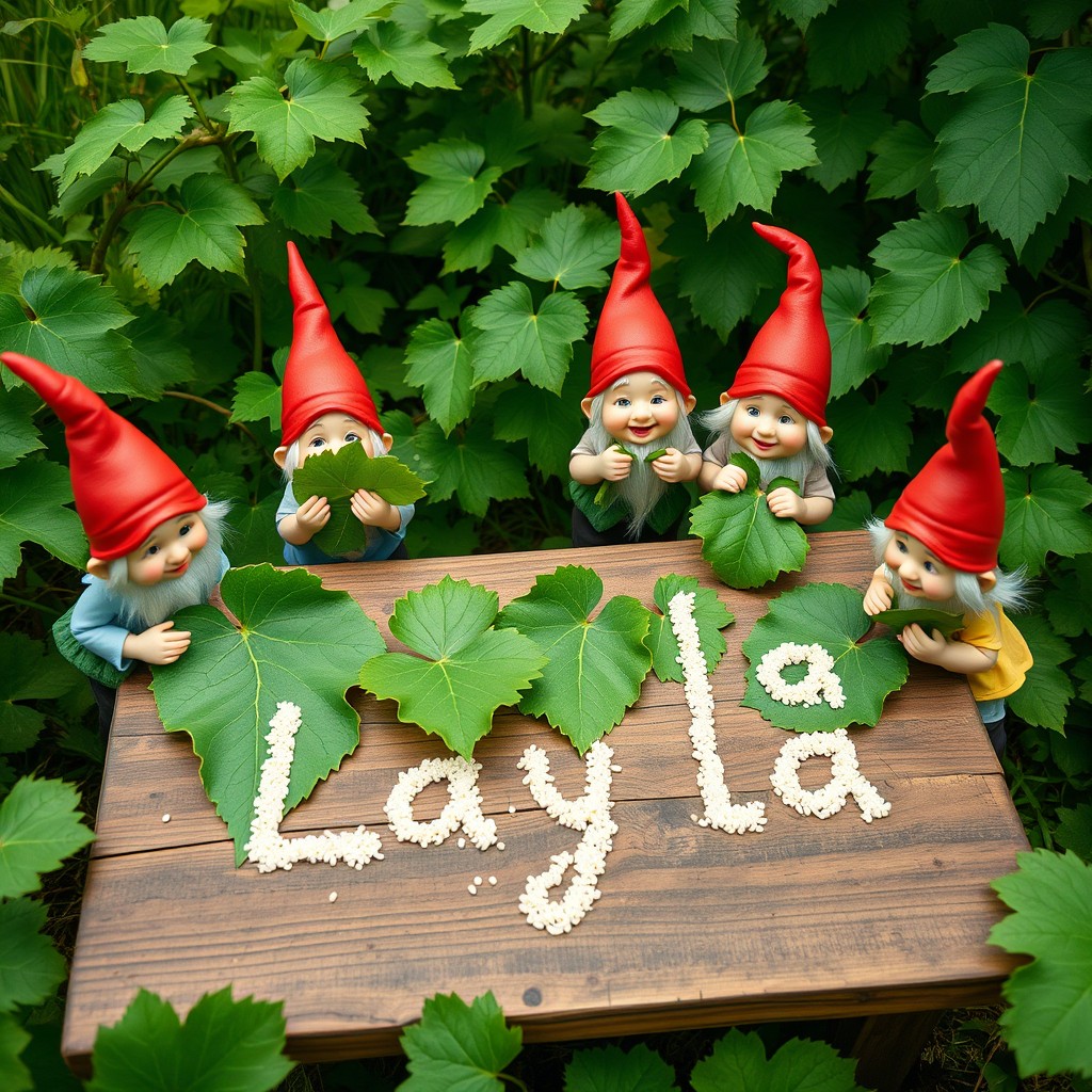A delightful scene featuring a group of five or six little gnomes working together with concentration and joy in a lush green garden