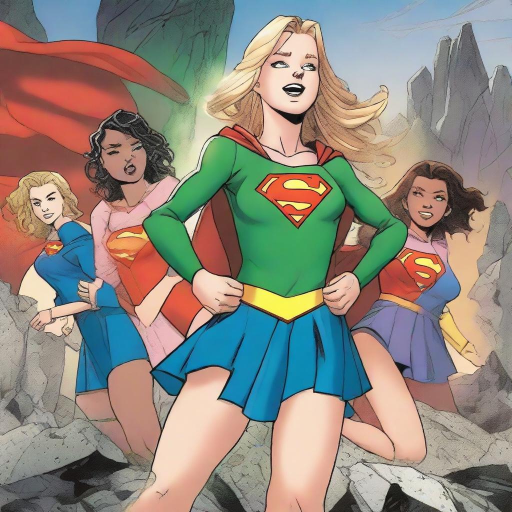 A heroic teenage girl standing proud in a victory pose over a defeated Supergirl, collapsed on a dark, kryptonite-infused rock surface. Three other teenage girls stand behind, laughing and holding kryptonite shards, amidst this tense scene.