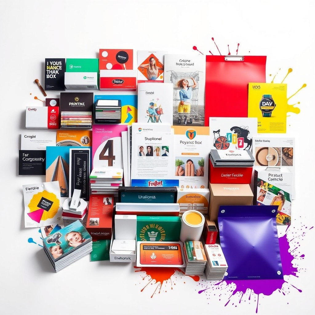 A vibrant and colorful display of various printing services and products offered by a printing press