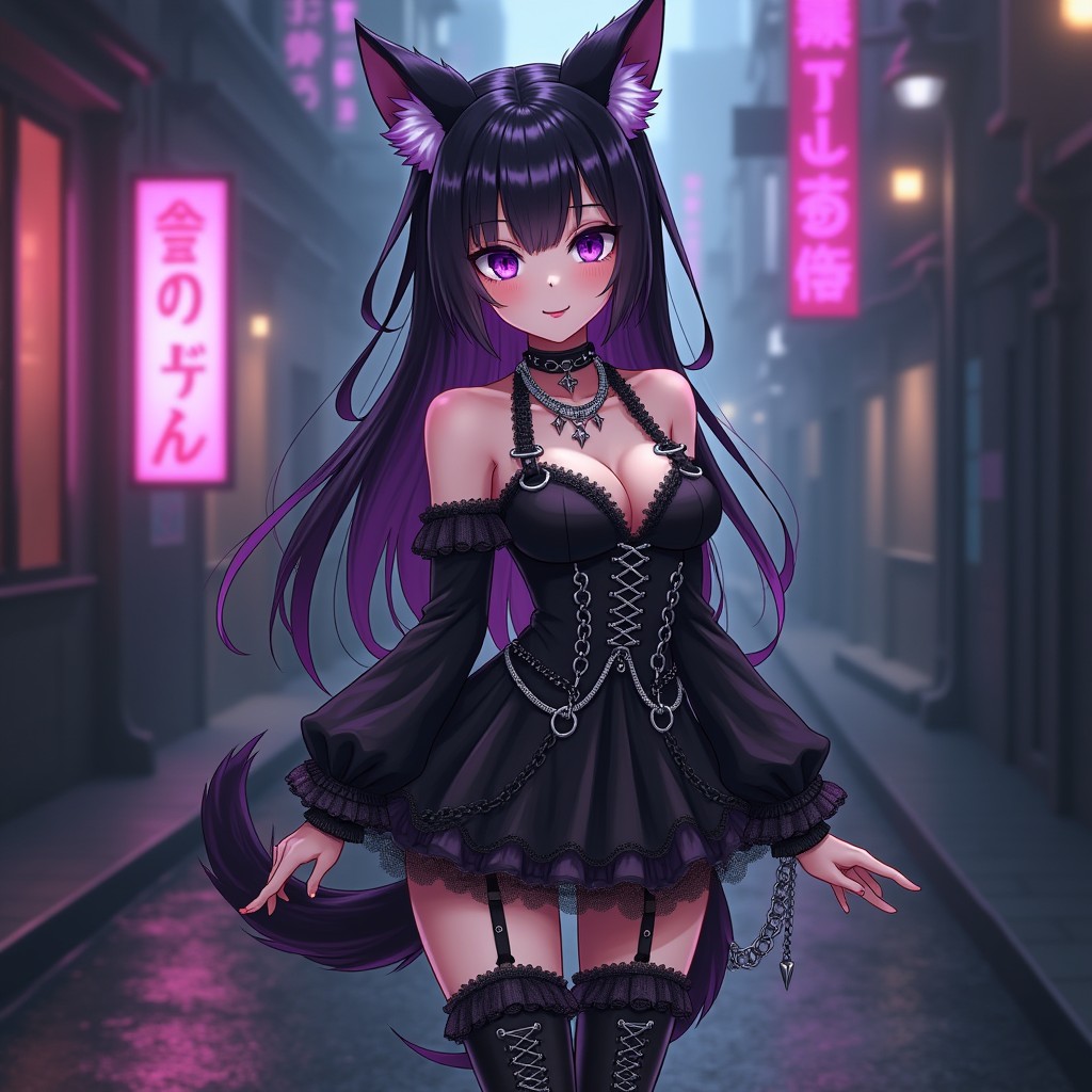 A stylish anime girl with dog-like features, dressed in a gothic outfit