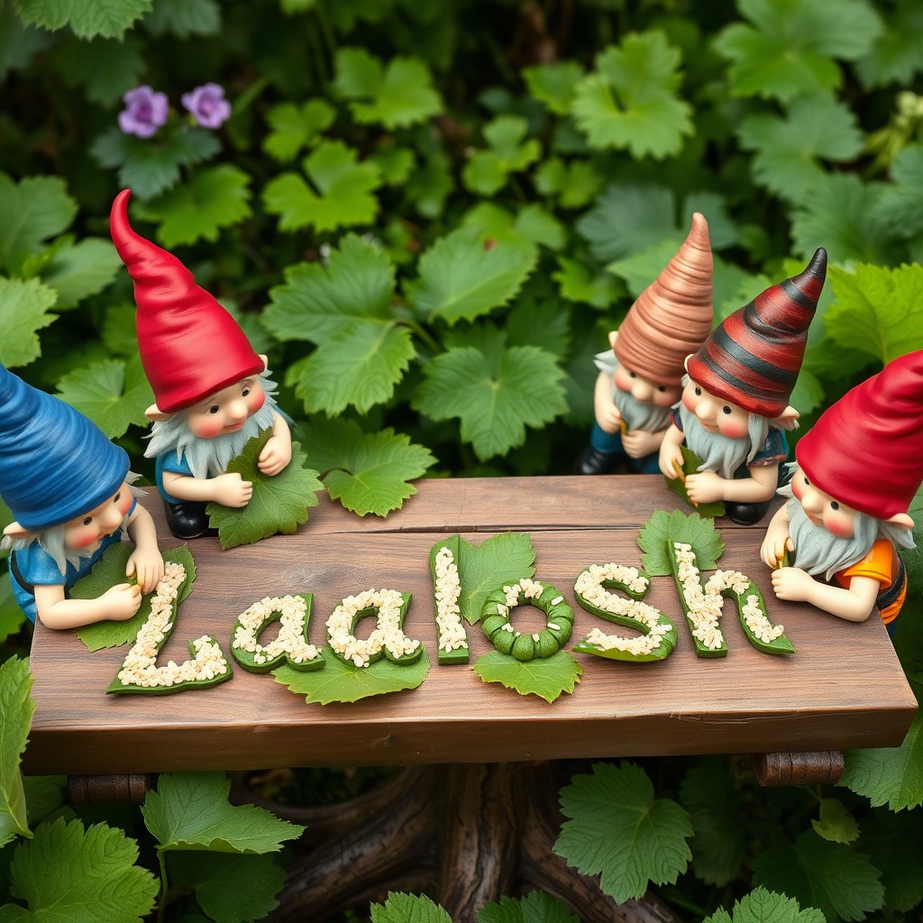 A whimsical scene featuring a group of five or six small gnomes working together with focus and joy in a lush green garden