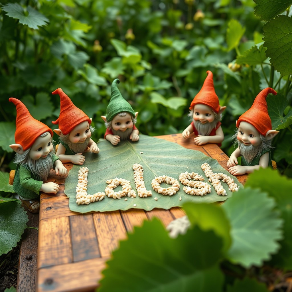 A charming scene of five or six small dwarfs working together with focus and joy in a lush green garden