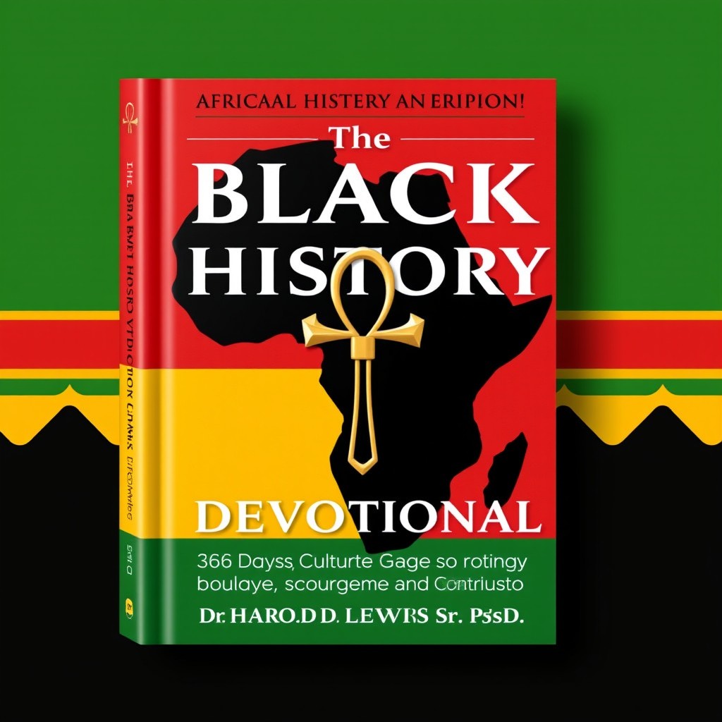A vibrant book cover design for "The Black History Devotional: 366 Days of Culture, Courage, and Contribution" by Dr