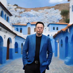 Elon Musk standing in the picturesque Chefchaouen town, characterized by buildings painted in various shades of blue