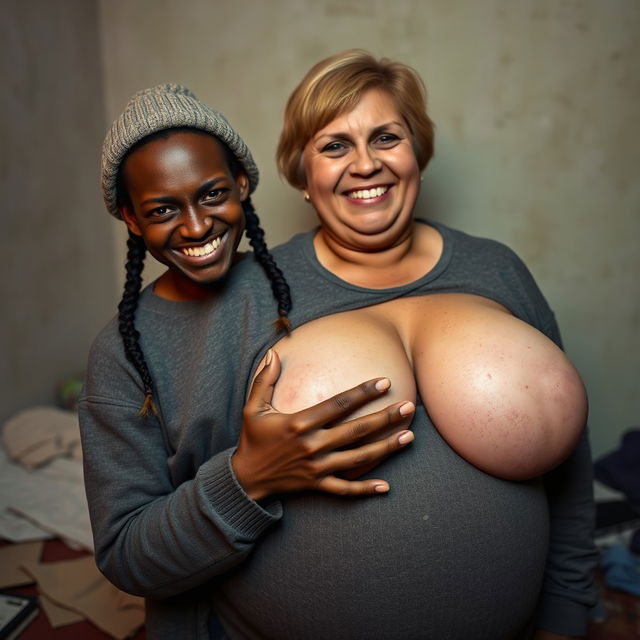 In a poor room setting, a wicked short African woman, aged 19 and appearing malnourished, is depicted wearing a sweatshirt