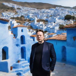 Elon Musk standing in the picturesque Chefchaouen town, characterized by buildings painted in various shades of blue