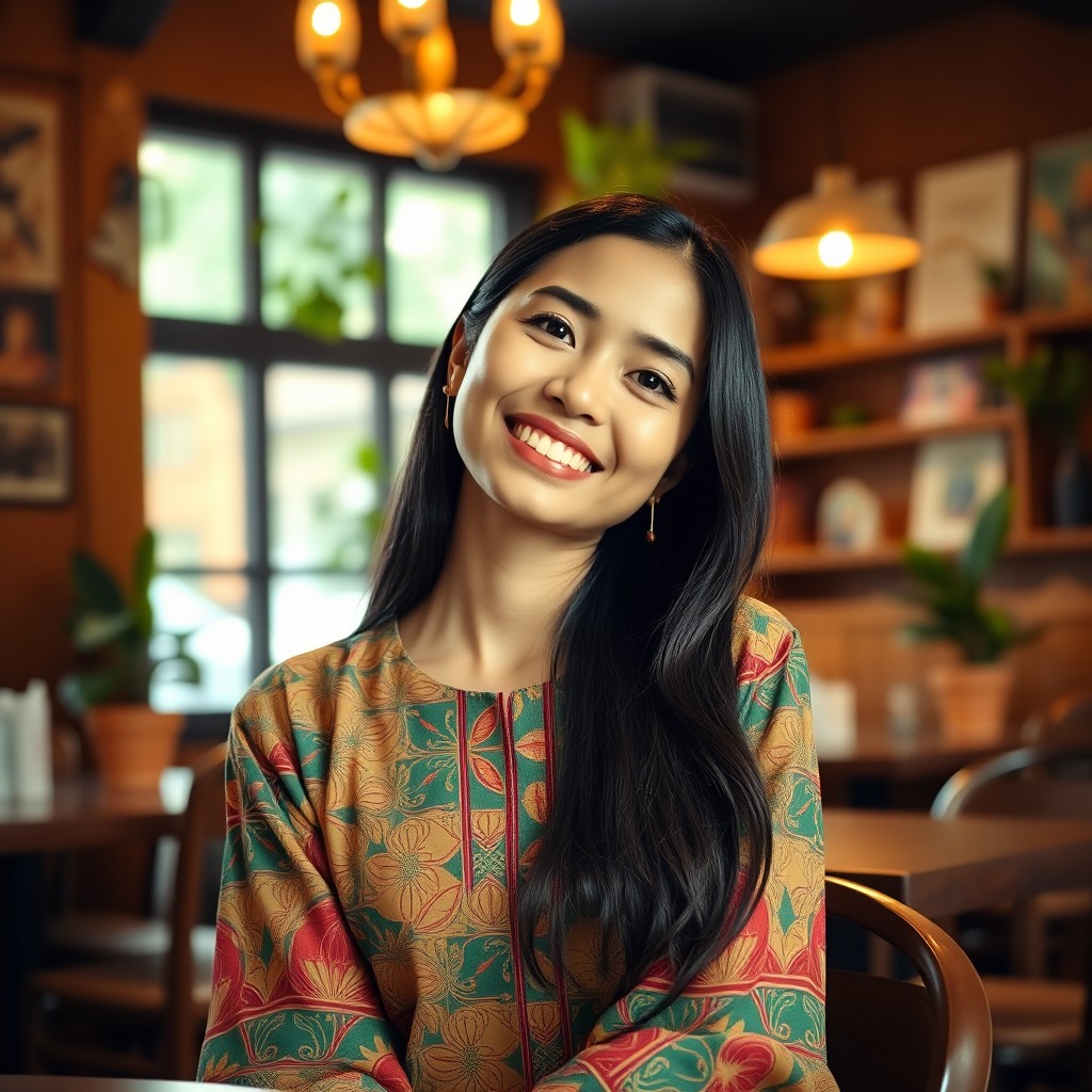 A realistic image of a cheerful Malay lady sitting in a restaurant, her head slightly tilted as she looks up towards the camera with a warm smile