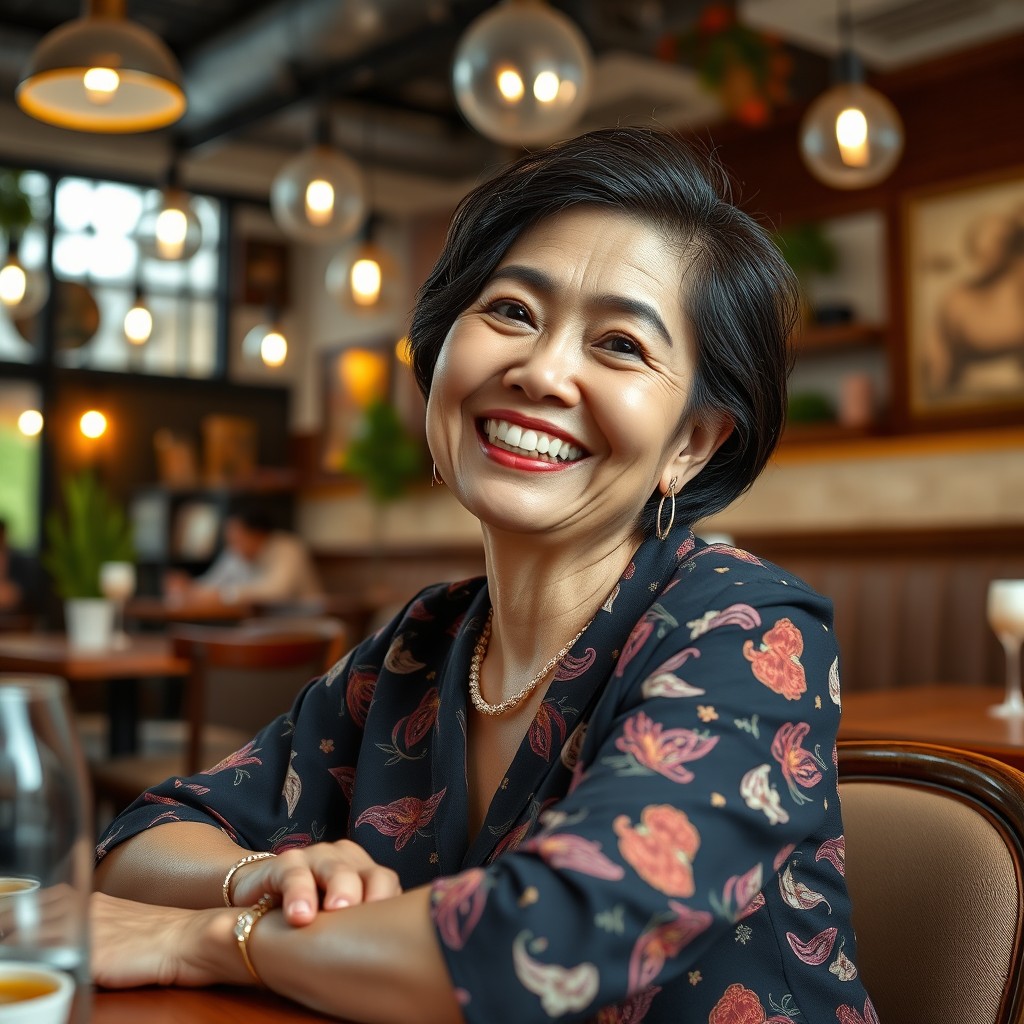 A realistic image of a cheerful modern Malay woman in her 50s sitting in a vibrant restaurant, looking up warmly at the camera with a bright smile