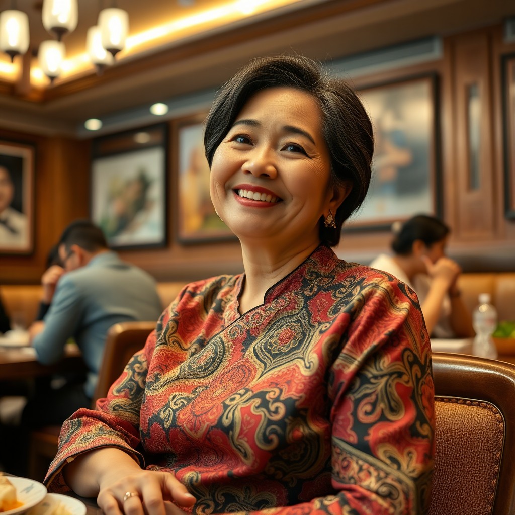 A realistic depiction of a modern Malay woman in her 50s, sitting comfortably in a cozy restaurant
