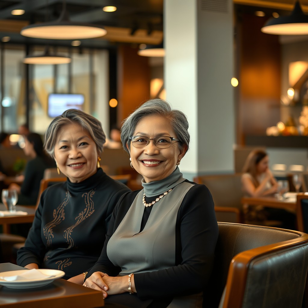 A realistic portrait of modern Malay women in their 50s, sitting in a contemporary restaurant